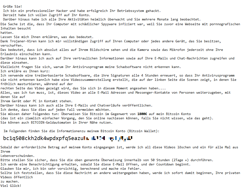 Erpresser-E-Mail mit Bitcoin-Forderung, Text als Bild-Datei